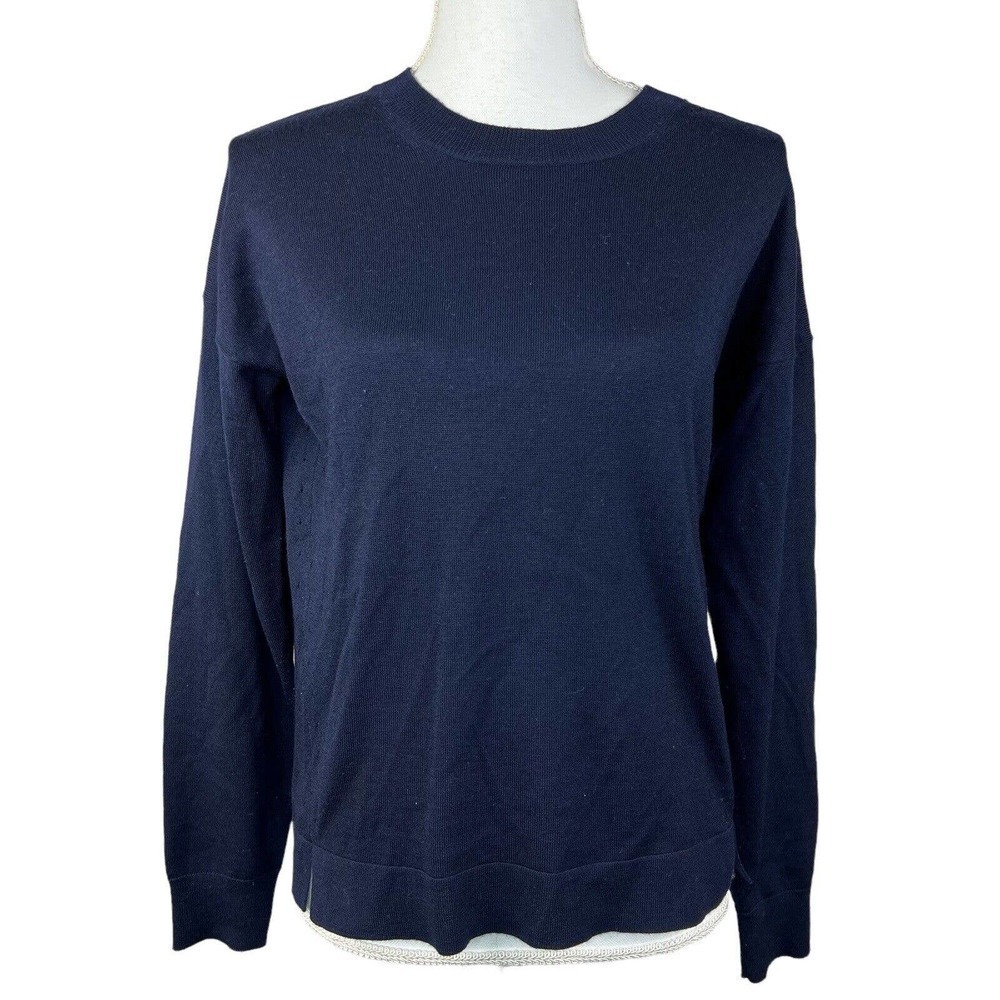 J.CREW Merino Wool Blend Sweater Size S Navy Blue Thin Knit Crewneck